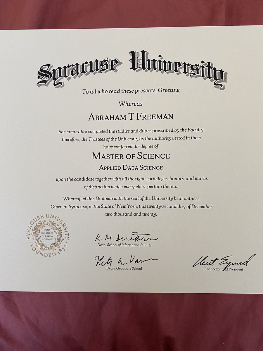 abefreeman's tweet photo. It’s official! I finally have my masters in Data Science! https://t.co/L0W1TDccQ1
