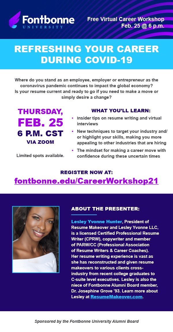 ResumeMakeover1's tweet photo. Looking forward to hosting this Resume / Virtual Career Workshop for Fontbonne University and its alums this Thursday! :)

#resumewriter #resumemakeover #resumeworkshop #cprw #fontbonne #careertips #resumetips #partnerships https://t.co/kpjKeQv9tG