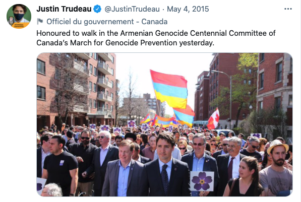 TheMarieOakes's tweet photo. In 2015, Canadian PM Justin Trudeau walked in the March for Genocide Prevention.

Yesterday, he and his cabinet abstained from a vote to call China's actions against the Uyghur Muslims a 'genocide'.

https://t.co/gz4dZFsXMo

#cdnpoli #Trudeau #Canada #UyghurGenocide https://t.co/mXFy6cY73y