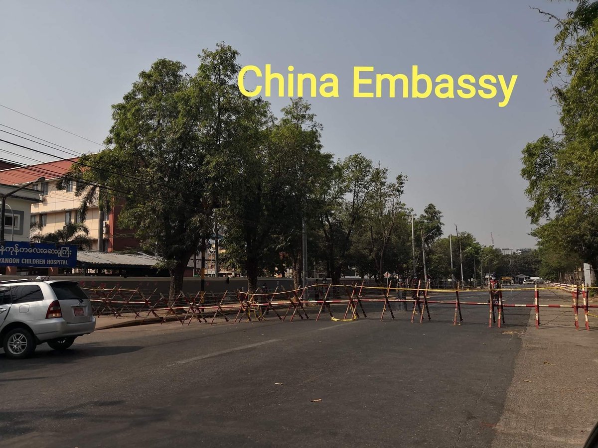 Almost every entrances to the road to the embassies were barricaded by the military in case they fear for the protesters’ meeting with the ambassadors.Junta already restricted the internet to control opposition to the coup. 
#Feb23Coup 
#WhatsHappeningInMyanmar