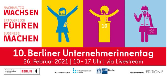 Unsere Gründerin Anne-Kathrin ist diesen Freitag auf dem 10. #BerlinerUnternehmerinnentag vertreten. Wir laden Euch ein, via Livestream mit dabei zu sein! Die Teilnahme ist kostenfrei. Die Anmeldung ist noch möglich bis zum 25. Februar 2021, 12 Uhr. berlin.de/unternehmerinn…