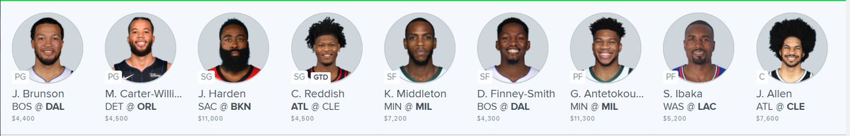 SideHustleFF's tweet photo. 2-23 #FanDuel way-too-early GPP lineup preview
#Big💵: Giannis, Harden, J. Allen, Middleton
#MavStack: Brunson, DFS #MFFL
#MidRangeMissiles🚀: Ibaka, Reddish, MCW
Many changes likely between now and final lineups at 5:30p cst. Thank you all for following and good luck tonight! https://t.co/gcNbm2Nt78
