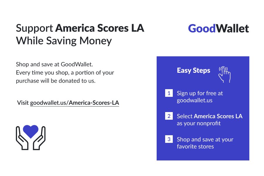 Save on your shopping while supporting <a href="/LAScores/">America SCORES LA</a> - every time you shop, <a href="/GoodWalletCo/">GoodWallet</a> will make a donation to <a href="/LAScores/">America SCORES LA</a> - at no cost to you! Visit GoodWallet.us/America-Scores… to sign up! #smartshopping #savings #shop #shopping #onlineshopping #shoppingonline