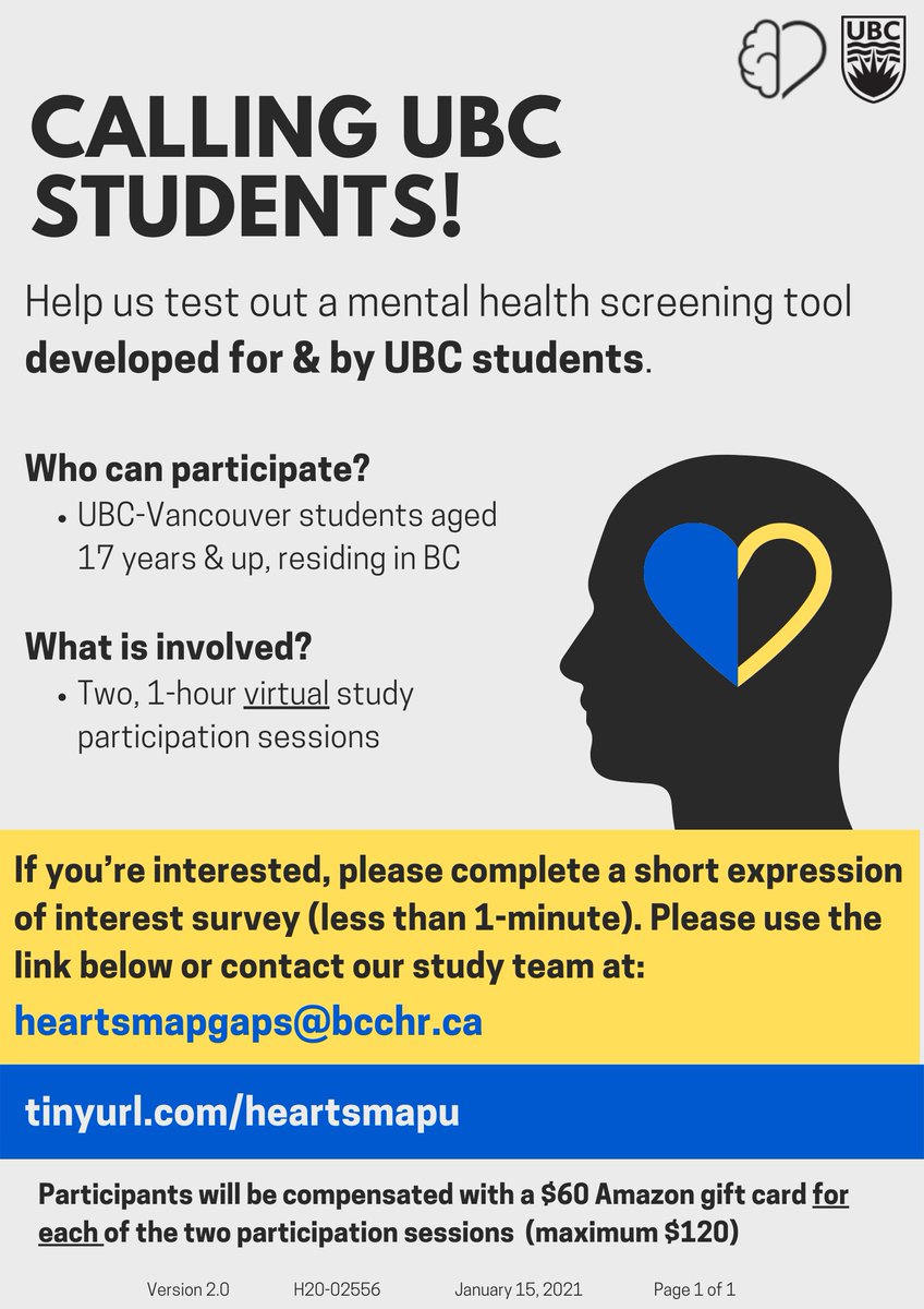 HEARTSMAP-U (@heartsmap_u) on Twitter photo Calling <a href="/UBC/">University of British Columbia</a>-Vancouver students. We need your support to evaluate a digital mental health screening and guidance tool - created by students, for students! If you're interested in participating (completely ONLINE), please have a look at our poster for more information: Calling <a href="/UBC/">University of British Columbia</a>-Vancouver students. We need your support to evaluate a digital mental health screening and guidance tool - created by students, for students! If you're interested in participating (completely ONLINE), please have a look at our poster for more information: