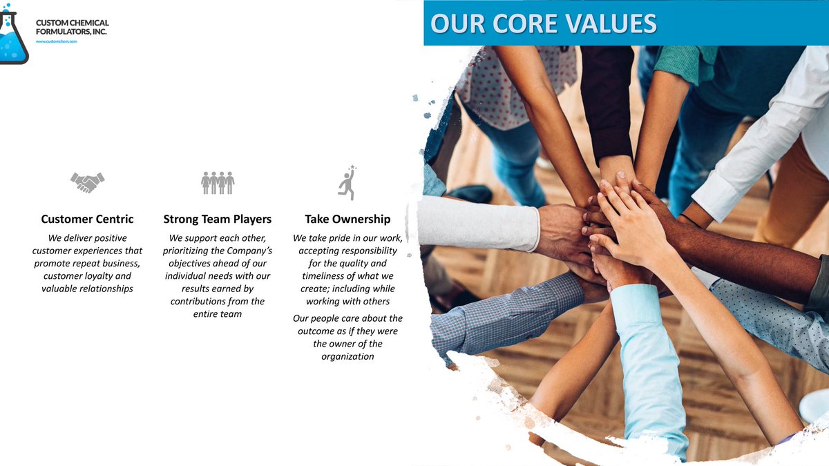At CCFI, we take pride in being a customer-centric company &amp; full of strong team players that take ownership! Our core values help us provide you with the top-notch service you deserve! 

#CustomerCentric #TeamPlayers #TakeOwnership #CoreValues #ChemicalIndustry #CustomChemical