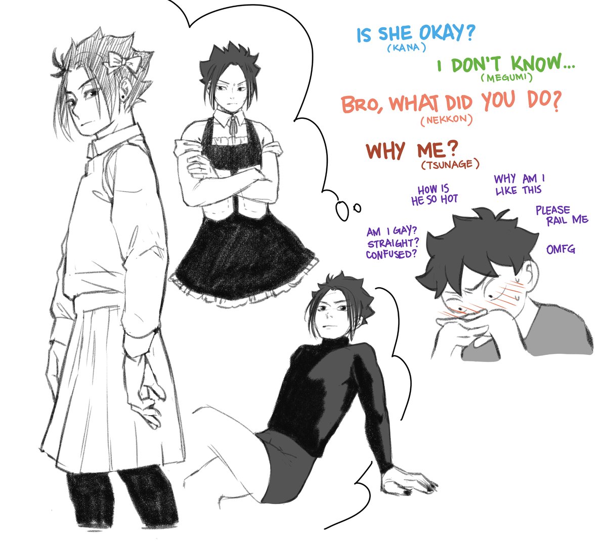 I wanted to do something for my birthday but I had school all day so lemme give you "Sora thinking that Tsu was a girl when they were younger" and "Tsu wearing skirts"
Aka Sora being a sapphic for a pretty guy
#haikyuunextgeneration #tsora 