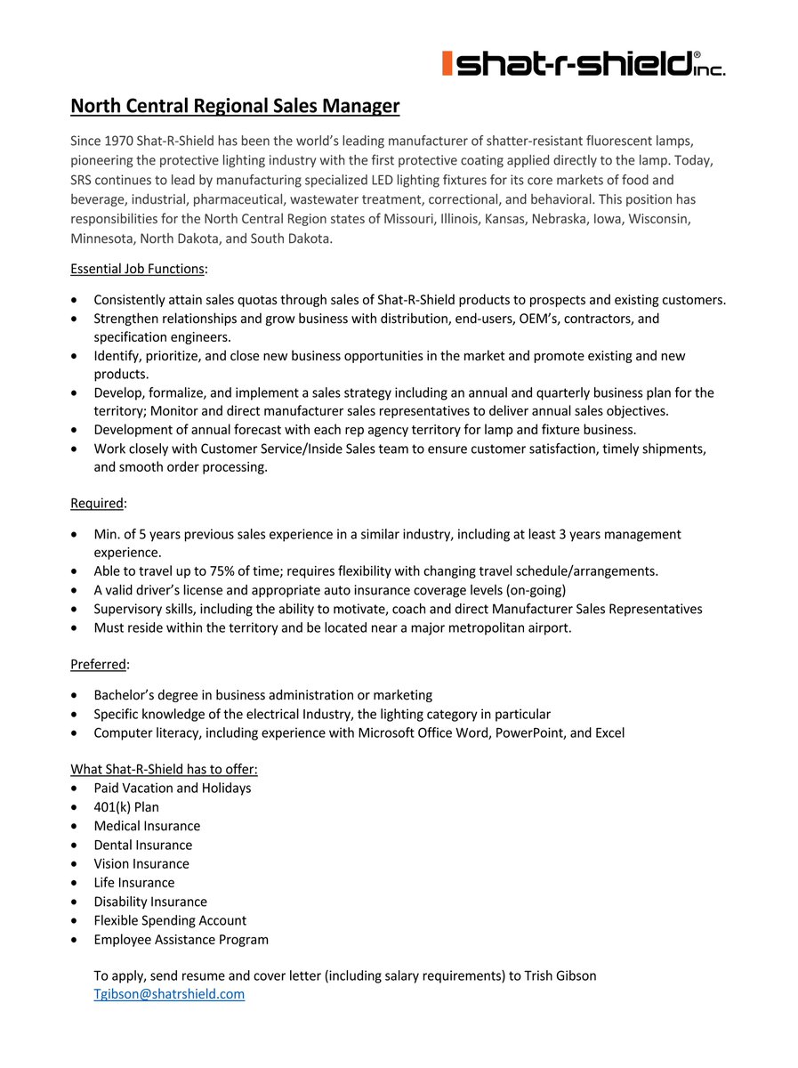 ShatRShield's tweet photo. Shat-R-Shield has an exciting opportunity within our sales team for the North Central Regional Sales Manager position. We are accepting applications for a highly motivated individual looking to advance the brand and continue to grow the region. Apply to: tgibson@shatrshield.com https://t.co/YidAUthEdy