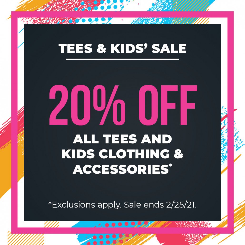 T-shirts and kids' clothing and accessories are on sale now through the 25th! Online and in the store!