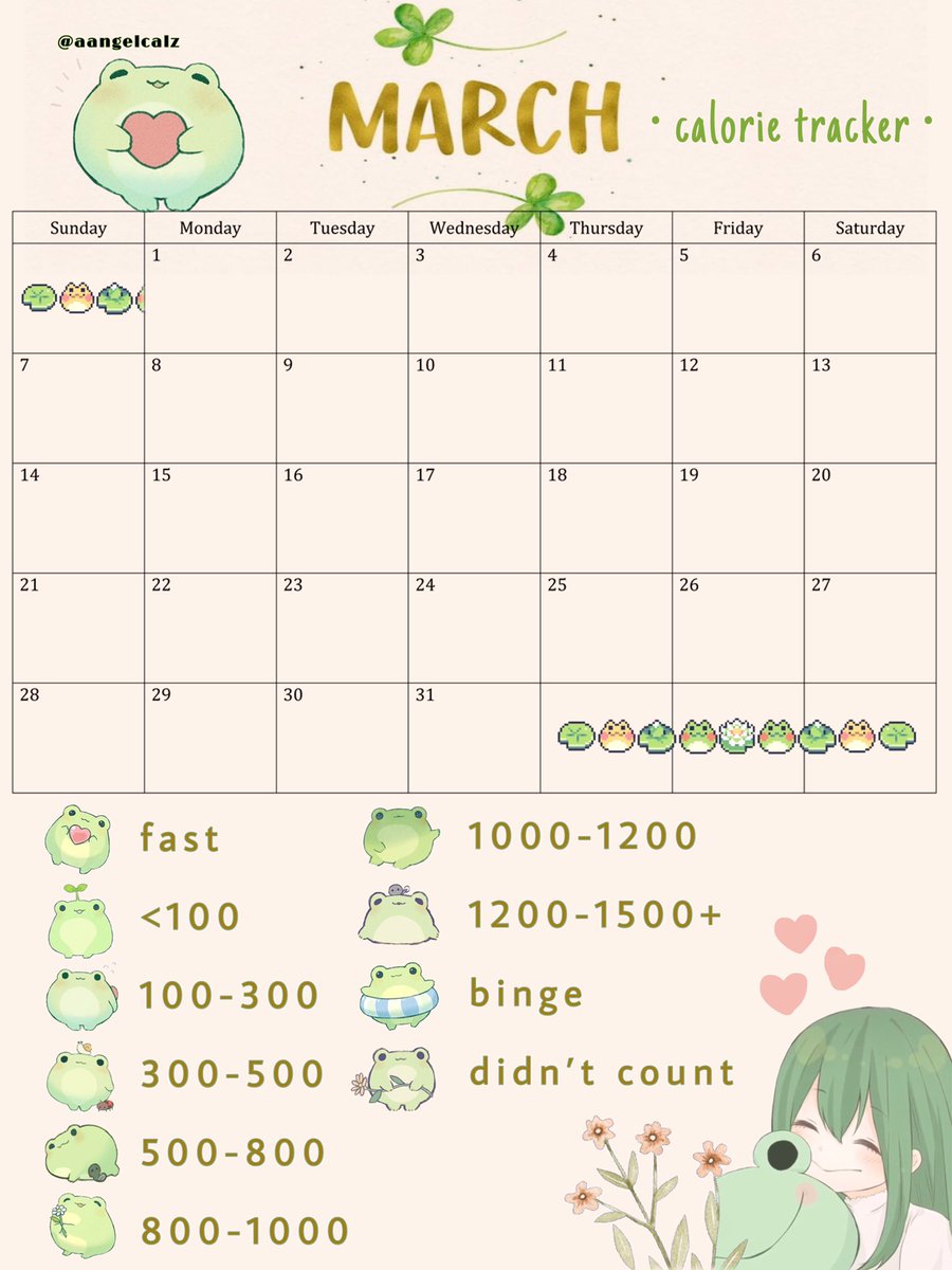 aangelcalz's tweet image. hi besties !! ~

i made a froggy themed calorie tracker for march ♡ it’s free to use :D

[i made a sticker &amp;amp; an emoji version to fit your preference]

^-^ pls share/rt/like !!
#edtwt #sweetspo