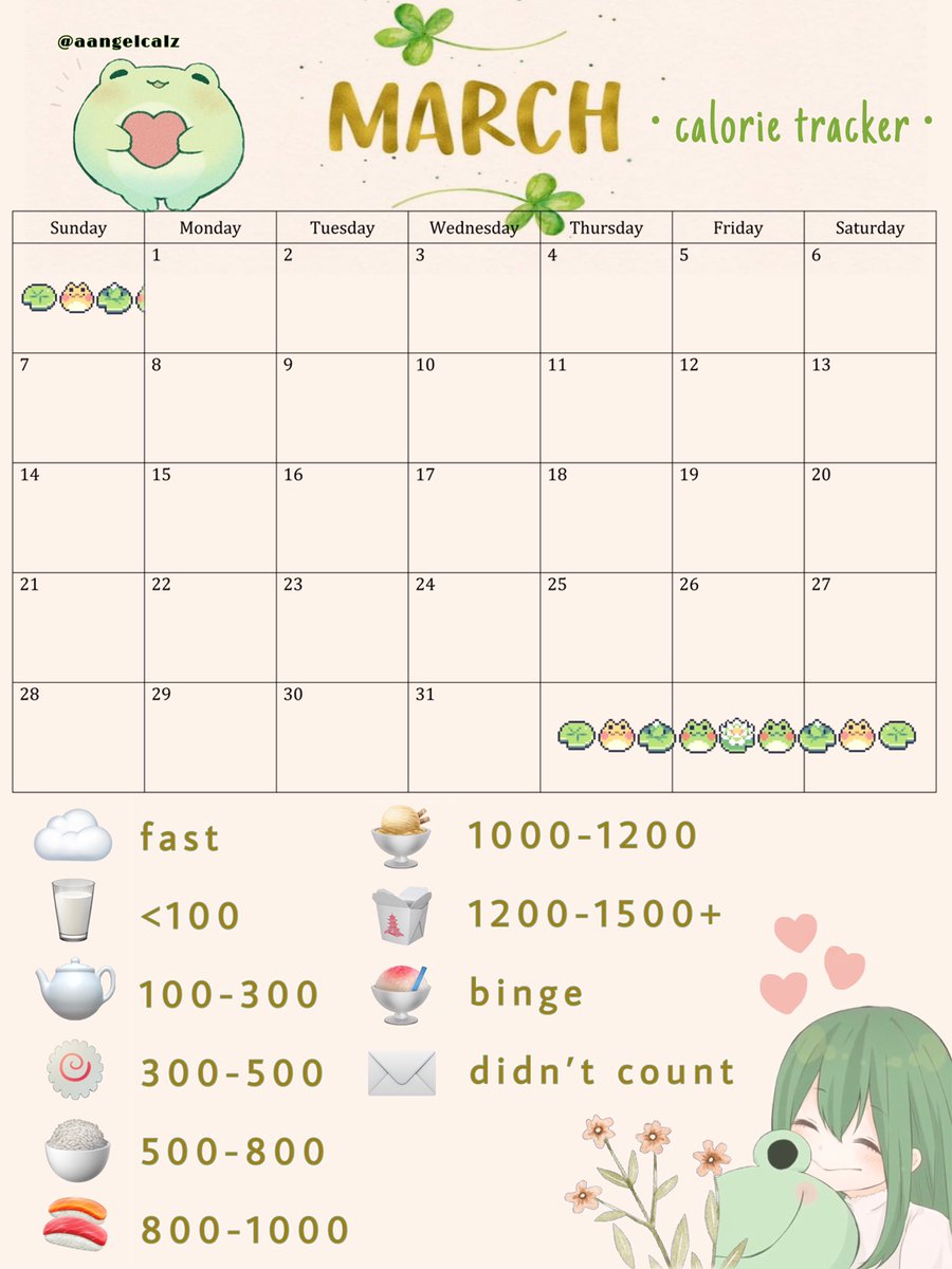 aangelcalz's tweet image. hi besties !! ~

i made a froggy themed calorie tracker for march ♡ it’s free to use :D

[i made a sticker &amp;amp; an emoji version to fit your preference]

^-^ pls share/rt/like !!
#edtwt #sweetspo
