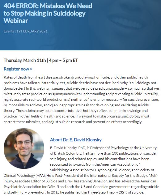 KlonskyLab's tweet photo. Join me on March 11 for a free webinar sponsored by CAMS Care! The title is "404 ERROR: Mistakes We Need to Stop Making in Suicidology". https://t.co/5Z74RuFkMG https://t.co/PPzRZb33Wk