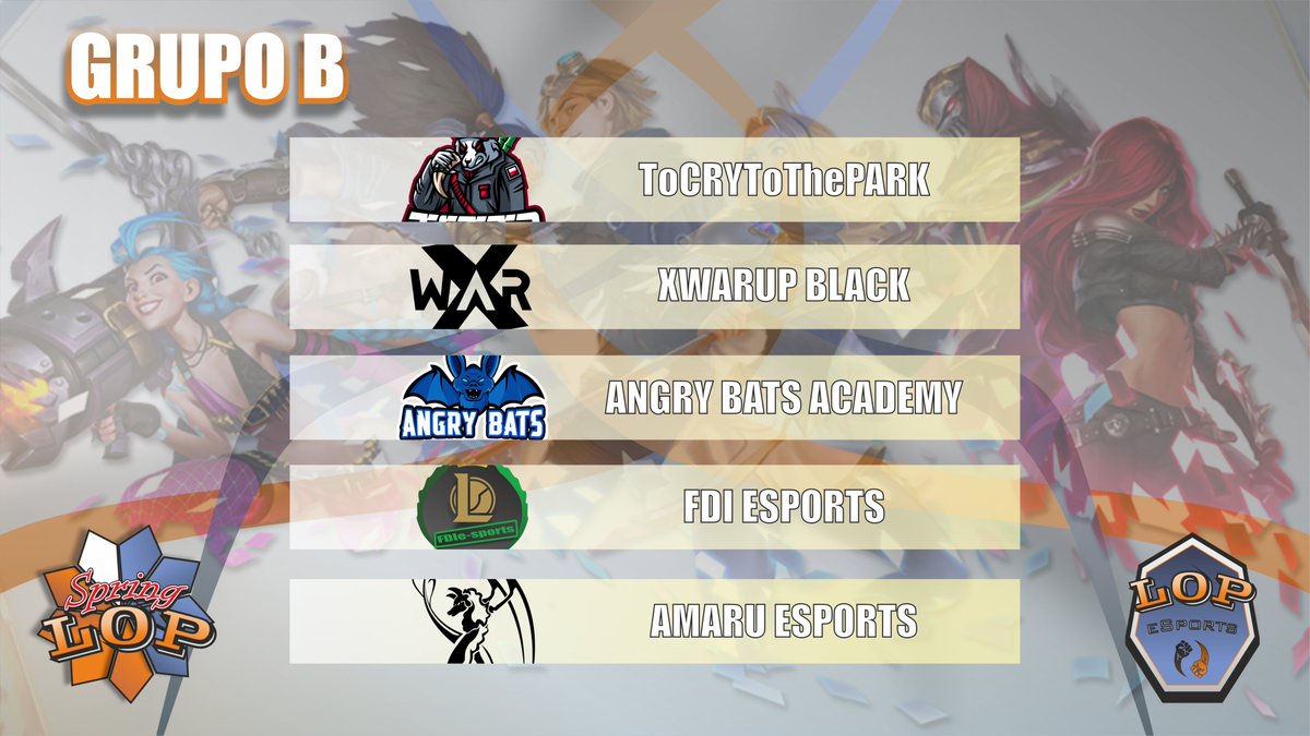 LOPeSports2's tweet photo. !! YA TENEMOS LOS PARTICIPANTES DEL GRUPO B !!

@ToCryToThePark2 
@xWarUP 
@abats_esports 
@FDIeSports 
@AmaruEsports  

Mucha suerte a todos! #springlop https://t.co/hJTrEPqbTD