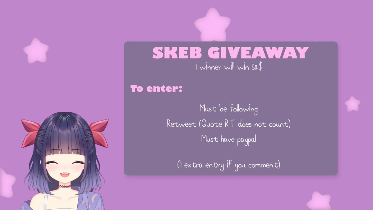 marisuui's tweet photo. ✨SKEB GIVEAWAY ✨

Thank you sm for 200 💖

1 winner will get 50$ to get their own nice skeb :)

🌟Must be following (new followers are ok)
💖RT (not qrt)
🌟Must have paypal!
💖+1 additional entry if you comment <3

ENDS March 5th💖 https://t.co/d2r1ruJyaK
