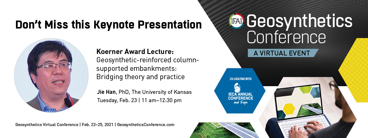 GeoConference's tweet photo. Happening NOW - Koerner Award Lecture: Geosynthetic-reinforced column-supported embankments: Bridging theory and practice by Jie Han, Ph.D. of Kansas University

#GeoVirtual21 #Keynote #KoernerAward https://t.co/X7xiFIVApb