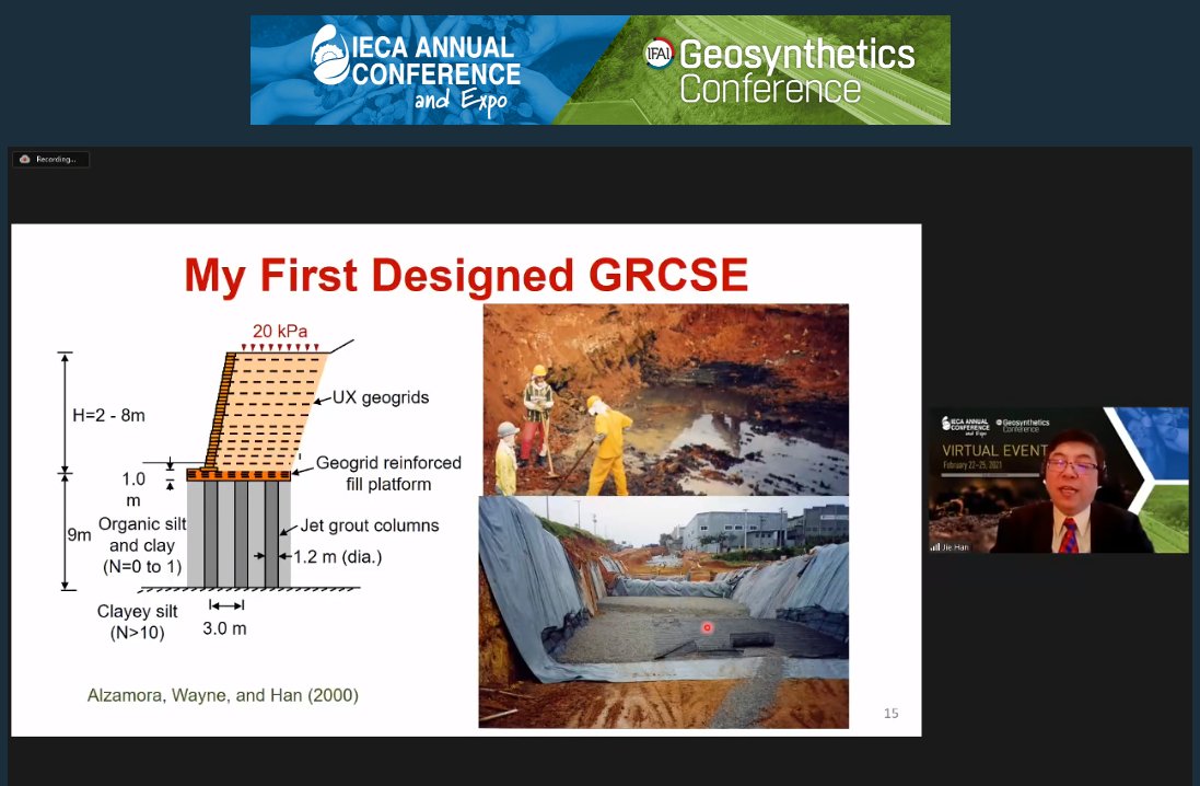 GeoConference's tweet photo. Happening NOW - Koerner Award Lecture: Geosynthetic-reinforced column-supported embankments: Bridging theory and practice by Jie Han, Ph.D. of Kansas University

#GeoVirtual21 #Keynote #KoernerAward https://t.co/X7xiFIVApb