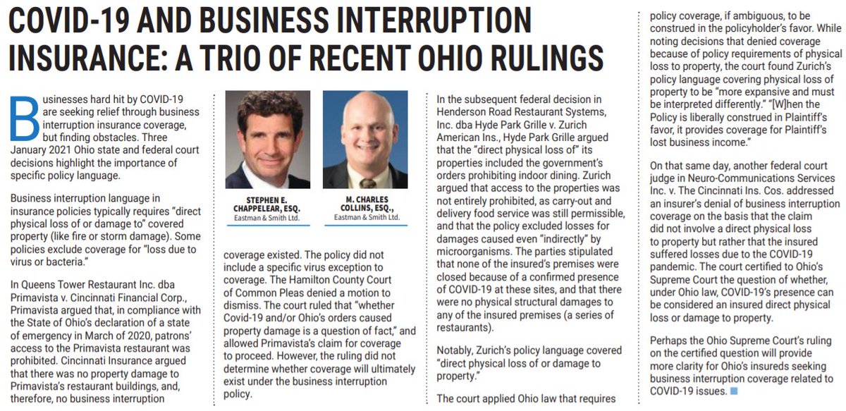 In our most recent Legal Connections page, Stephen Chappelear and M. Charles Collins (<a href="/eastmansmith/">Eastman & Smith Ltd.</a>) explain some recent rulings around COVID-19 and business interruption insurance coverage. Read the full article now: bit.ly/3uoIRDy
