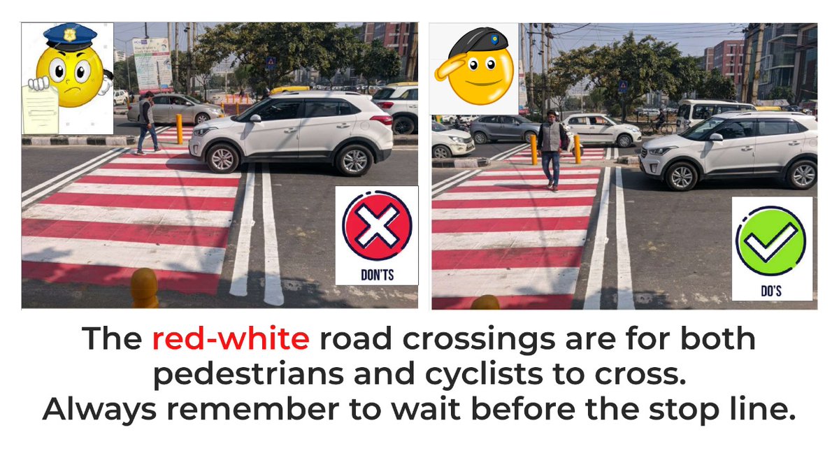 Raahgiri_Fdn's tweet photo. Sector 44, 45 junction on Netaji Subjash Marg is one of many junctions which are being rectified in #Gurugram city
The red white road markings cater to both #cyclists &amp; #pedestrians 

#PedestrianFirst #inclusive #SafetyFirst #Cycles4Change 

#RecyclingStreets @OfficialGMDA https://t.co/V8QSUlhjRt