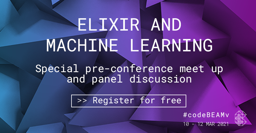 ErlangSolutions's tweet photo. Join @redrapids, @gar1t, @davydog187, @bltroutwine, @mobileoverlord &amp; more for a virtual meetup discussing how Elixir can reach the Machine Learning community. It's going to be an exciting discussion we can't wait to see you there https://t.co/QSZBuXvlOt #MyElixirStatus https://t.co/q7slU2aGYv