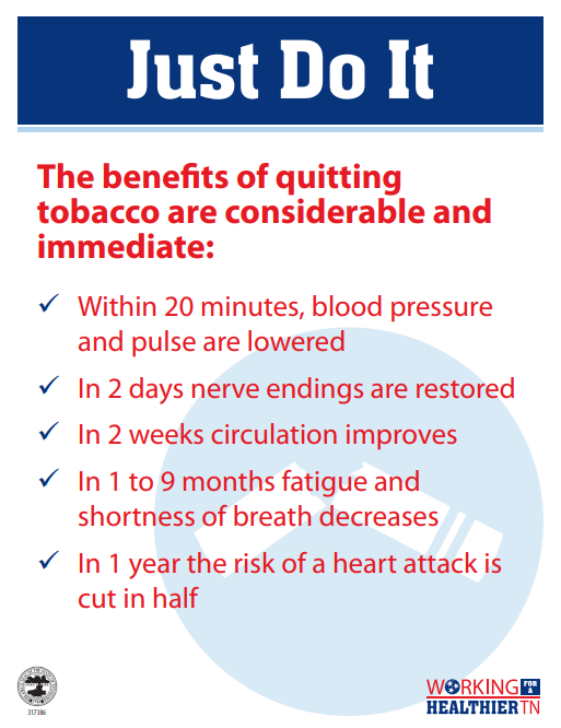 WFHTN's tweet photo. When you quit using tobacco, your health starts improving immediately and continues to benefit for YEARS to come: https://t.co/8qV0OV3mFX
#TNQuitWeek #2021TobaccoFree https://t.co/TbMvUlWBbg