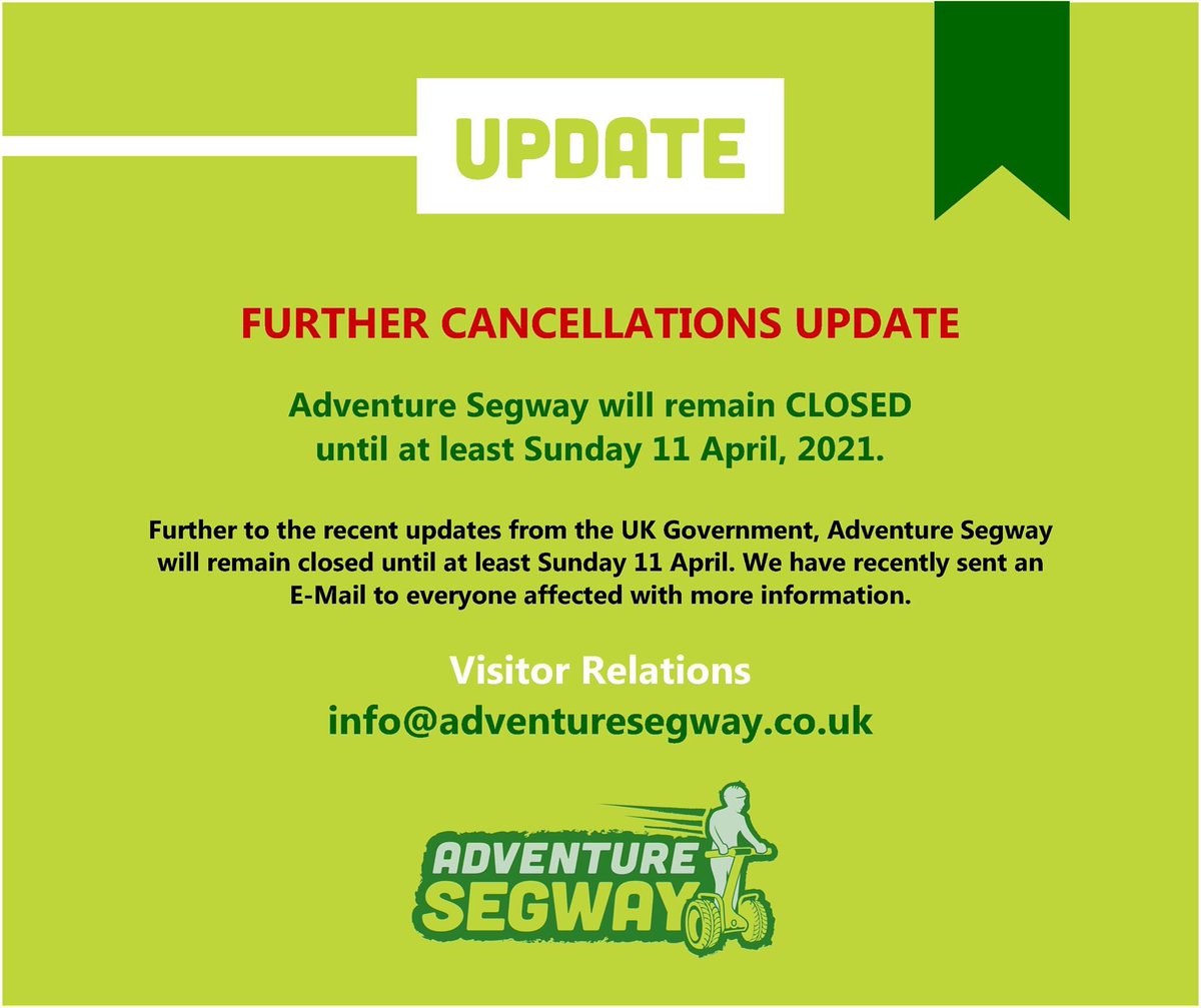 AdventureSegway's tweet photo. Adventure Segway will remain closed until at least 11 April, 2021. We will provide a re-opening date shortly after 5 April, 2021 when the UK Government is expected to provide final approval.

For more information please see our FAQ's at https://t.co/WyBisDb7La https://t.co/gB73zKm8yu