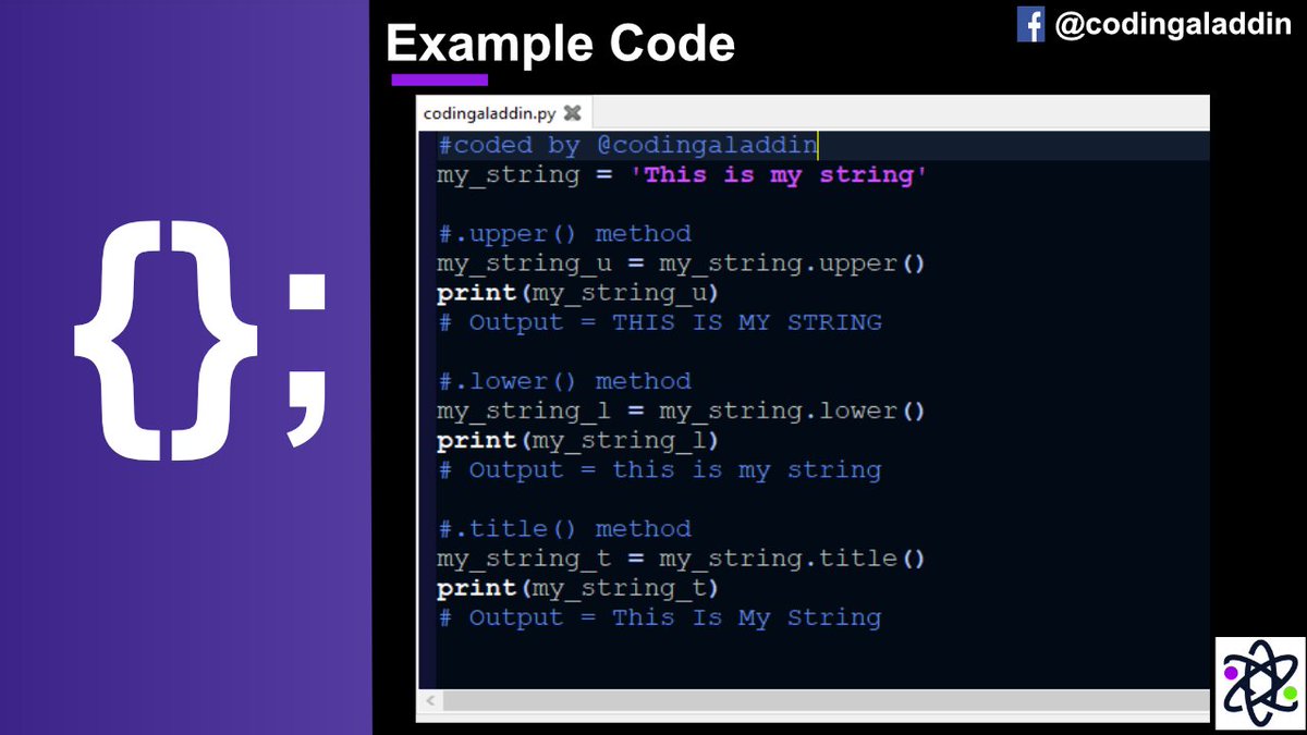 AladdinCoding's tweet image. String Methods ⬤ .upper(), .lower() &amp;amp; .title() ⬤ 3 ⬤ Python
Like our page for more! We are doing a whole series of useful Python functions and methods.
#coders  #coding  #pythonlearning #codinglife  #codingtips #codingisfun #100daysofcodechallenge #100DaysOfCode