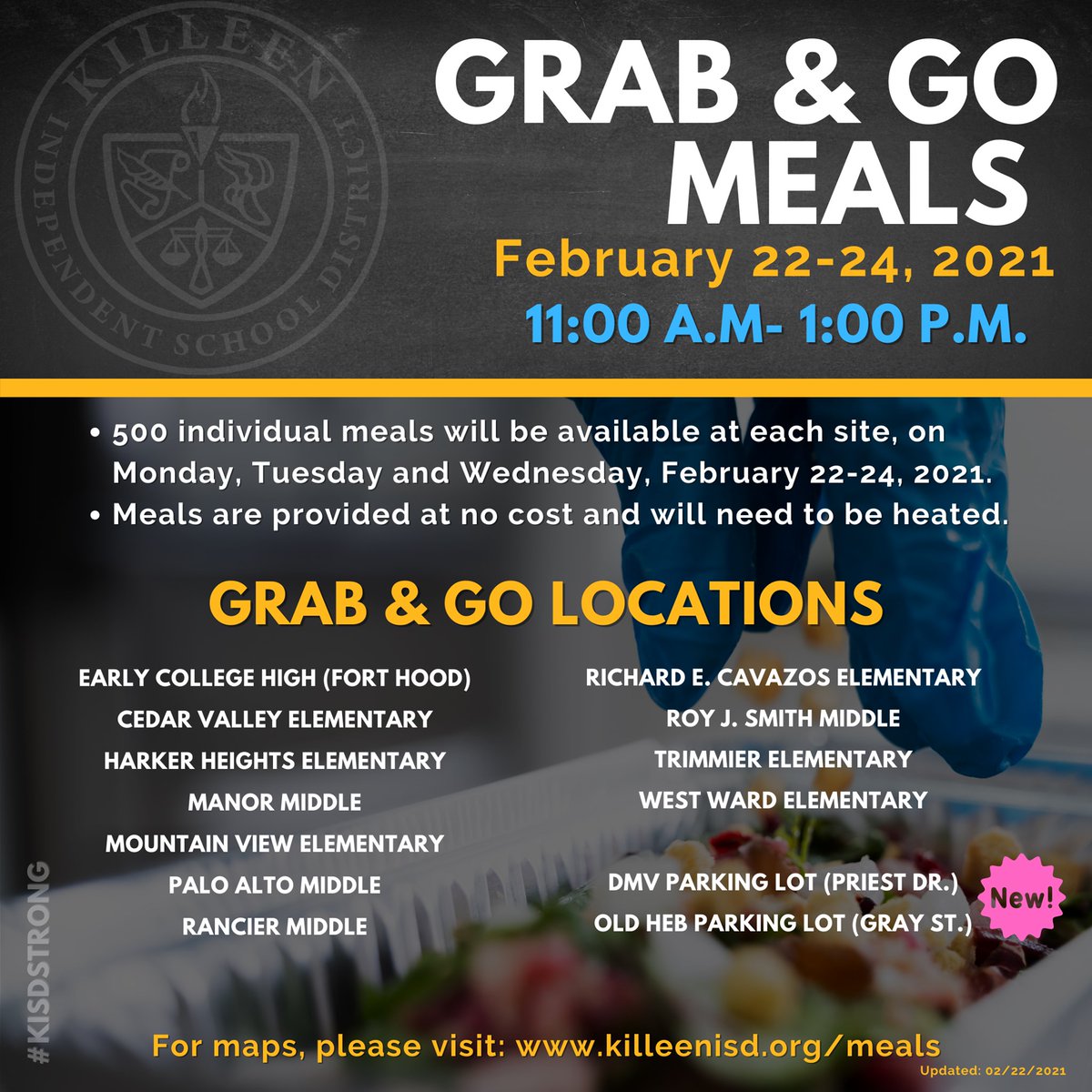KilleenISD_'s tweet photo. 💛 Killeen ISD providing grab-and-go meals from 11am - 1pm on Tuesday &amp; Wednesday, at our designated locations listed below.🔸Each site has 500 meals provided to the community at no cost. These meals will need to be heated.
📍For locations, please visit: 
https://t.co/RvQTJLaTA0 https://t.co/D3UhGR7OEw