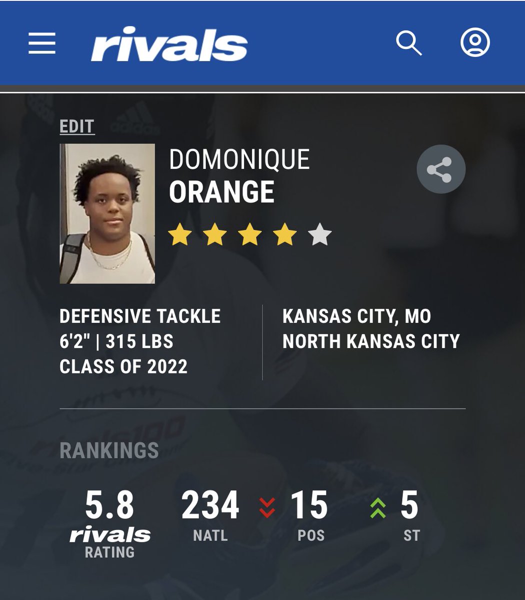#Rivals250 for 2022 is out today. At No. 34, 4-Star OLB and Ohio State commit Dasan McCullough from Blue Valley North is the top prospect in Kansas and the KC area. 4-Star North Kansas City DT Domonique Orange is second in the metro at No. 234.

Full list: bit.ly/2NAqTxp