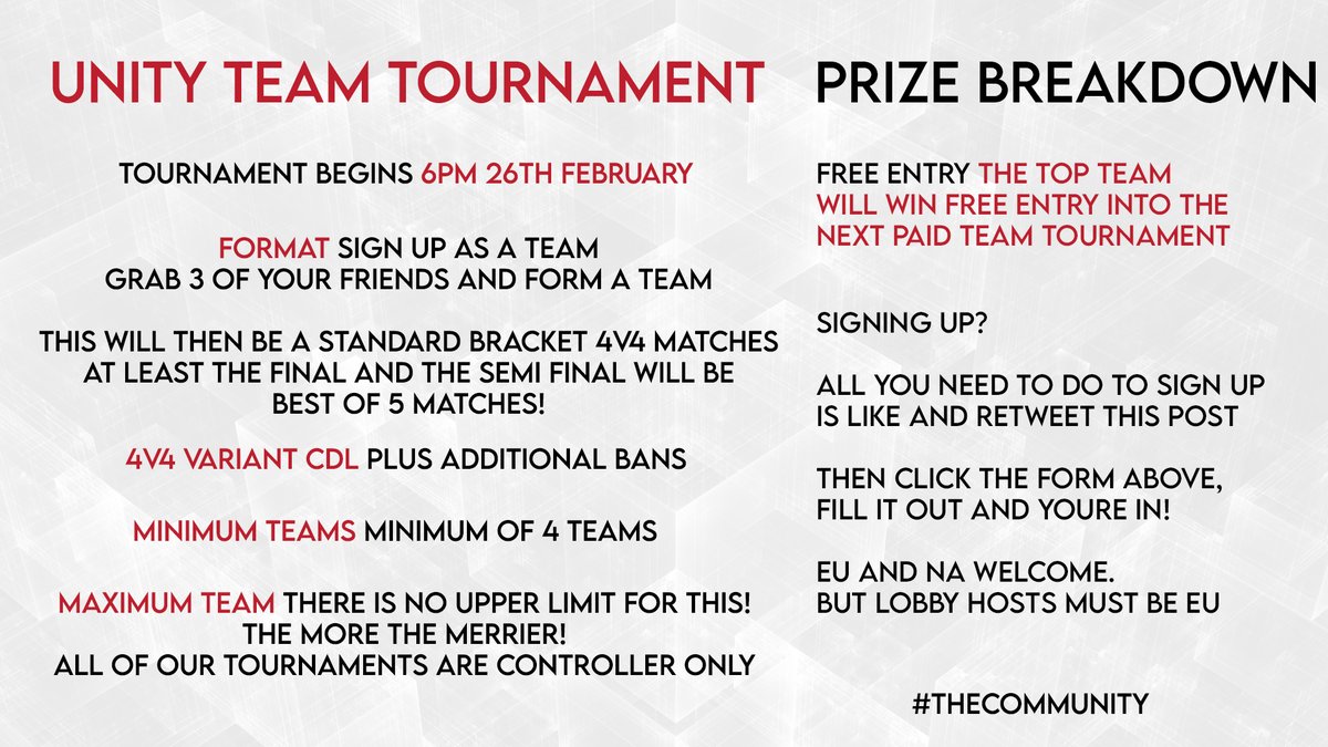 Unity_Org's tweet image. ANNOUNCEMENT!! 

This Friday 26th Of February we have our Free Entry Unity Team Tournament! 

All details on how to sign up are in this tweet &amp;amp; the picture below!

Looking forward to seeing you all enter &amp;amp; play!! 

Sign Up Form: forms.gle/fHWs8n24LWAFLu… 

GLHF! #TheCommUnity