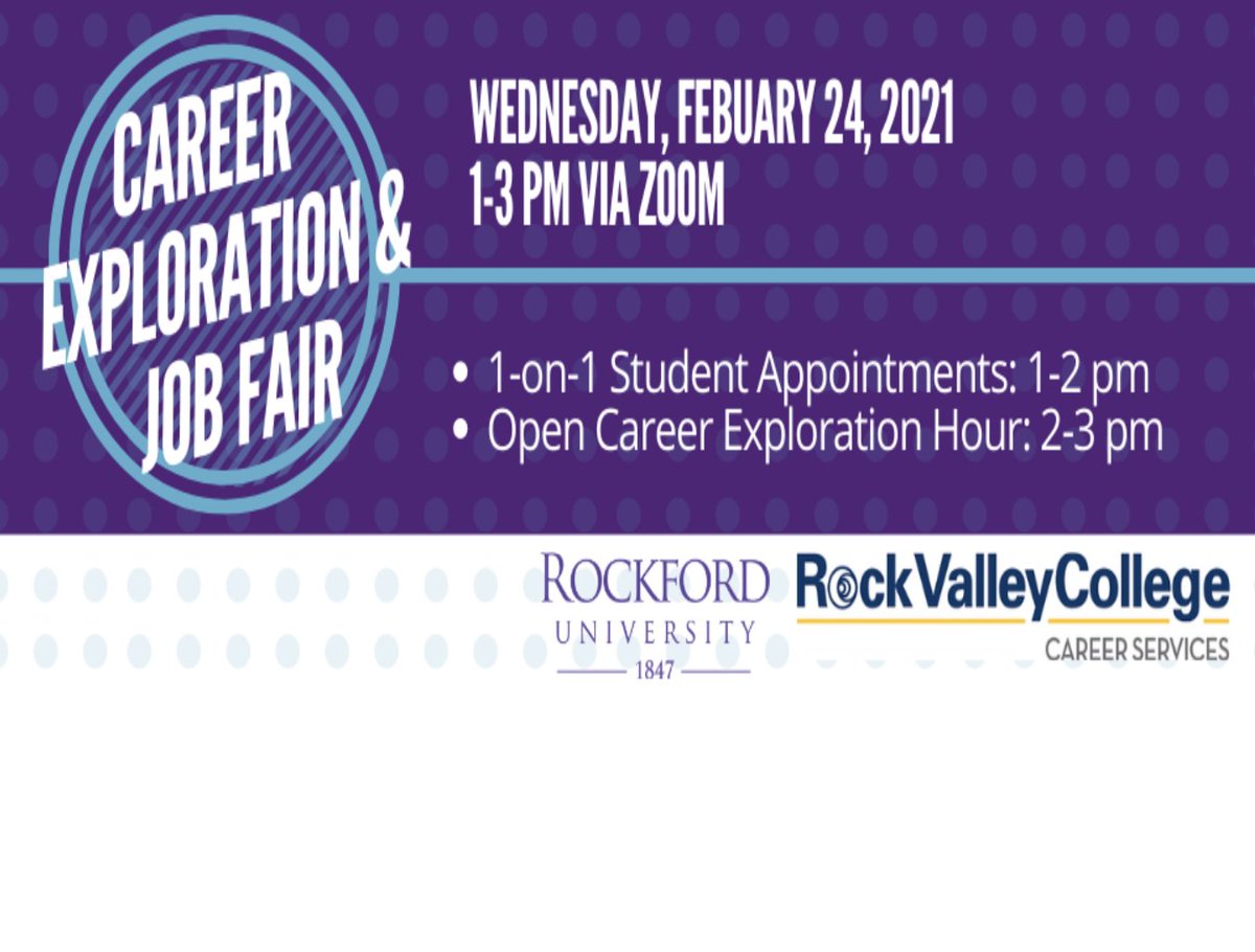 CISRVC's tweet image. Rock Valley College and Rockford University are partnering on the Spring 2021 Career Exploration and Job Fair to be held virtually on Wednesday, February 24, 2021 from 1-3pm. For more information visit rockvalleycollege.edu/StudentService… #GoRVC