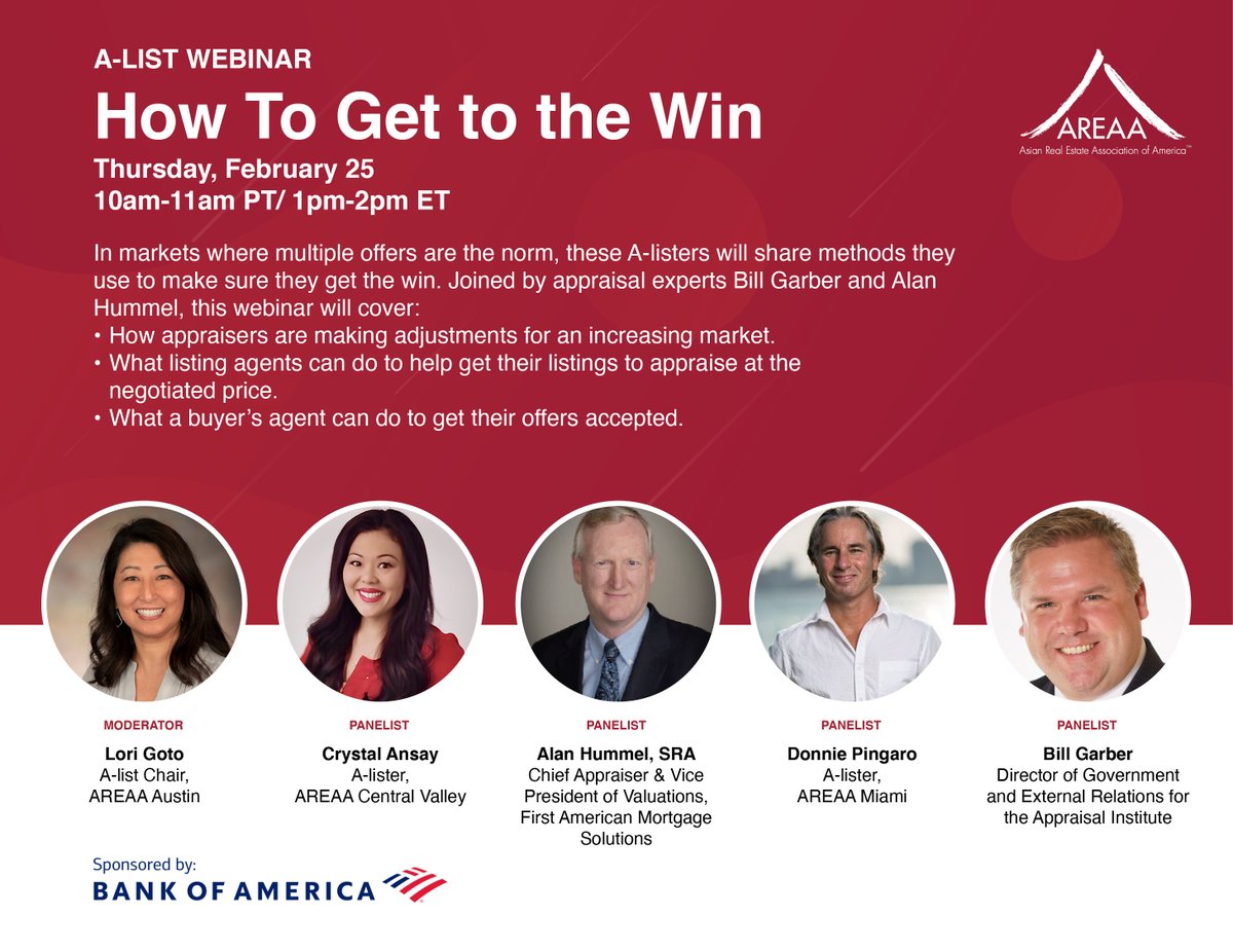 The A-listers are back this Thursday! Learn from top producers on how they navigate appraisals, and hear from the Appraisal Institute on upcoming changes. Register here: zoom.us/webinar/regist…