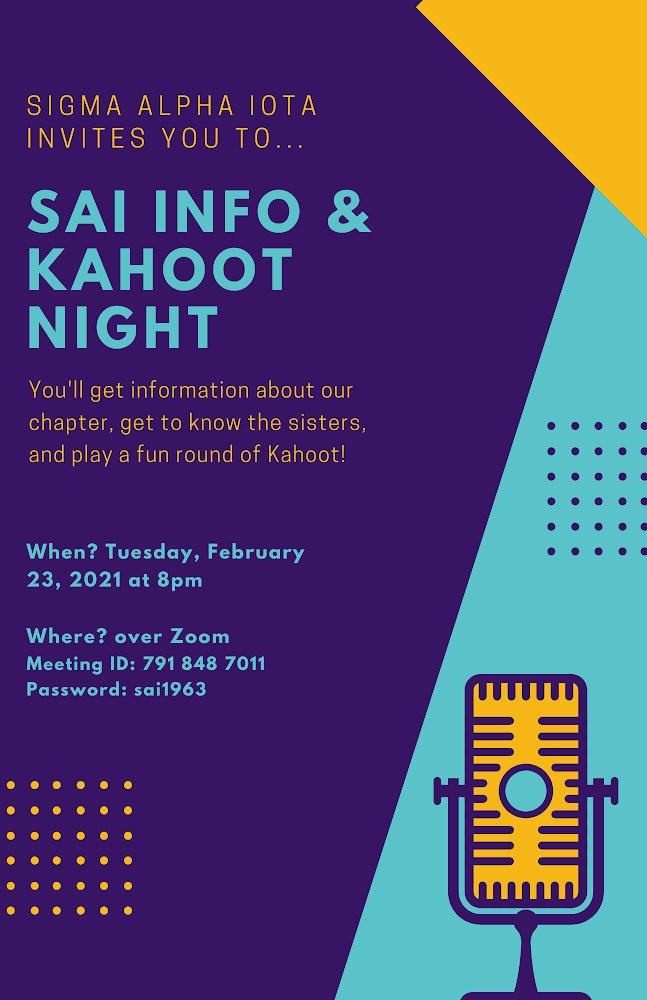 SAIDeltaDelta's tweet photo. Join the sisters of Sigma Alpha Iota this Thursday for a fun night of Battle of the Bands, Pictionary edition! Also - don’t forget about our event tonight! Come for an info session and get to know the sisters through a game of Kahoot! ❤️🌹 https://t.co/zXLyma5ylc