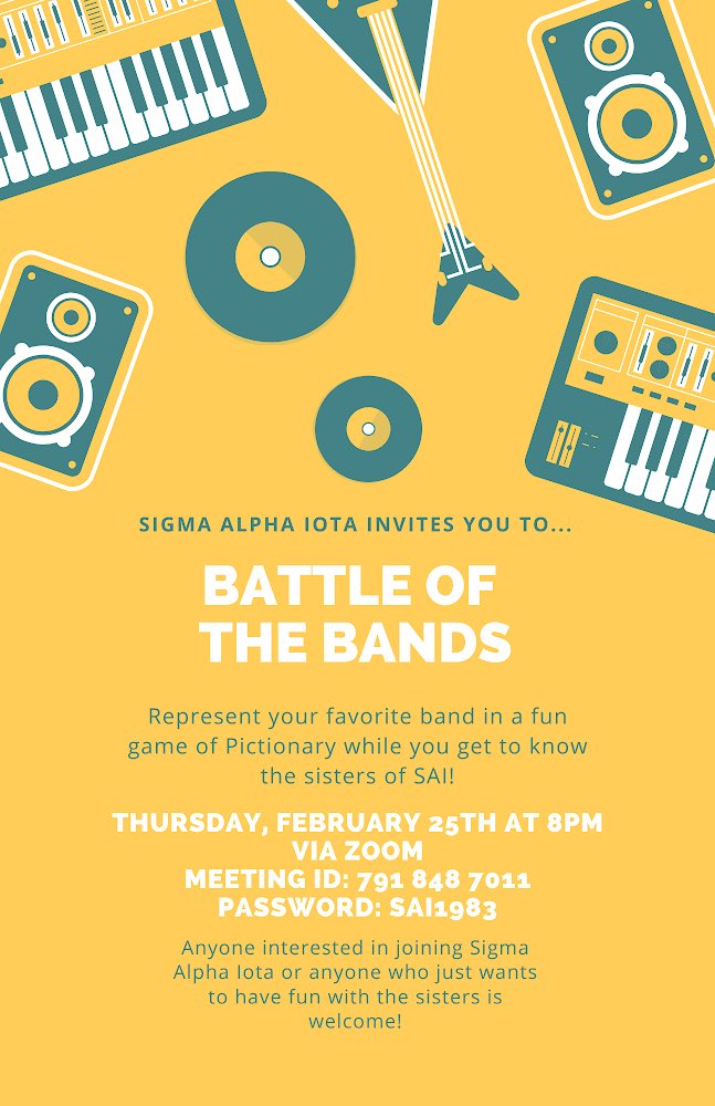 SAIDeltaDelta's tweet photo. Join the sisters of Sigma Alpha Iota this Thursday for a fun night of Battle of the Bands, Pictionary edition! Also - don’t forget about our event tonight! Come for an info session and get to know the sisters through a game of Kahoot! ❤️🌹 https://t.co/zXLyma5ylc