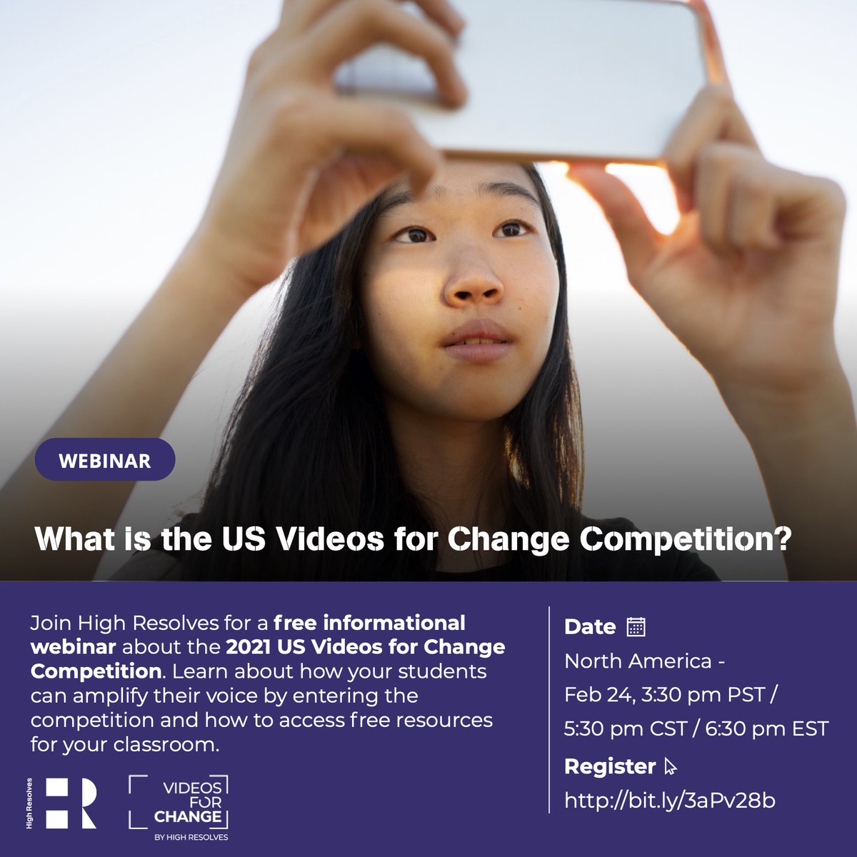RoxyPirnia's tweet photo. Tomorrow! Join me for a free informational webinar on the US Videos for Change competition. Learn about the competition guidelines, timeline, and how to access our free curriculum resources for your classroom. 
@videosforchange @HighResolvesNAM #videosforchange #createandbeheard https://t.co/qx93FWfHfx