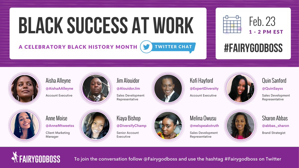 fairygodboss's tweet photo. Welcome to the #Fairygodboss #BlackHistoryMonth Twitter chat—we're thrilled to talk* about Black Success at Work! 

*To participate in this chat, please tweet using the hashtag #Fairygodboss! More instructions here: https://t.co/kkeqg45SGi https://t.co/nrNskrT4nv