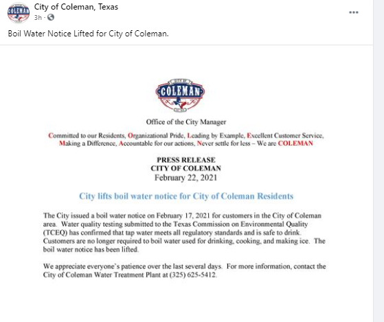 CEDRdigital's tweet photo. Boil Water Order lifted for City of #ColemanTX
#TexasWater 
https://t.co/7JOSlD3Uzy https://t.co/eJQjwpZ594