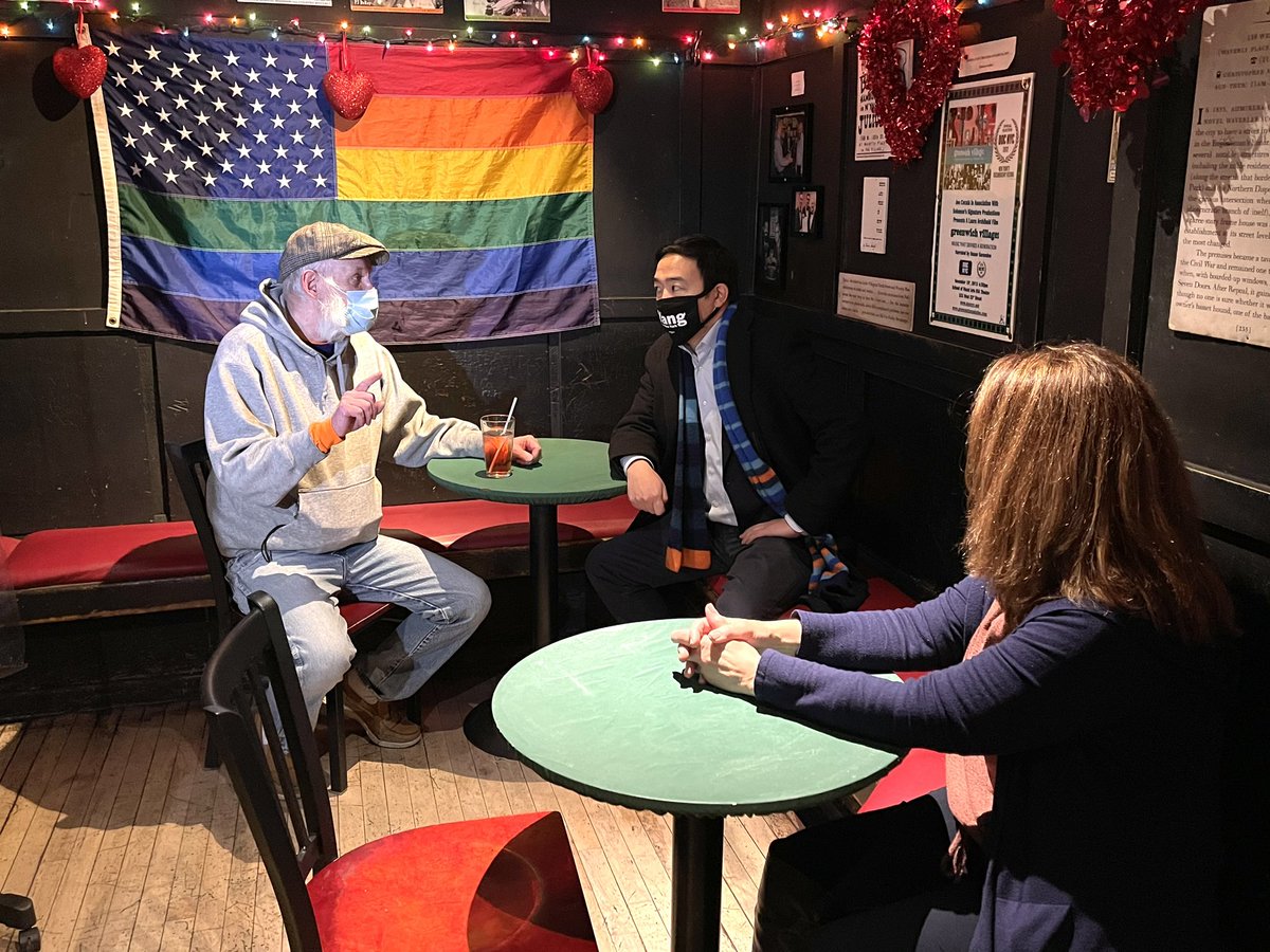 AndrewYang's tweet photo. Meeting with the owners of @JULIUSBARNYC @TheStonewallNYC @CubbyHoleBar in the West Village - these bars have been so important both to the LGBTQ community and to the history of civil rights. Their continued survival is vital to the city. https://t.co/RUkrPiwcvS