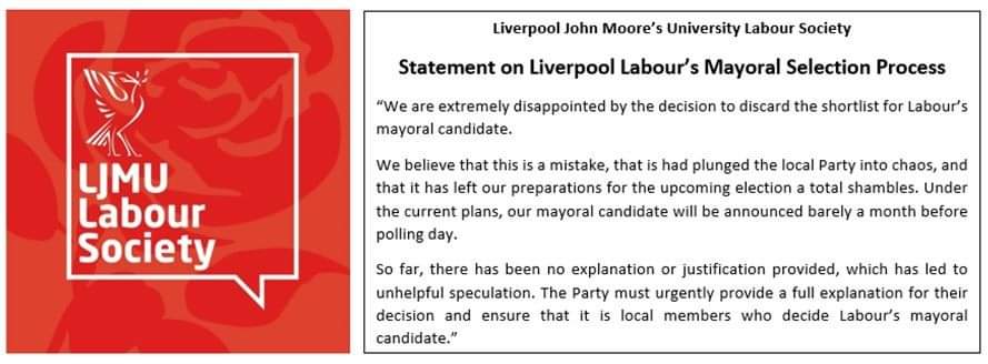 labour_ljmu's tweet photo. Our statement on @UKLabour's Liverpool mayoral selection process

"We are extremely disappointed by the decision to discard the shortlist for Labour's mayoral candidate. We believe that this is a mistake." https://t.co/rBYqURZoc2