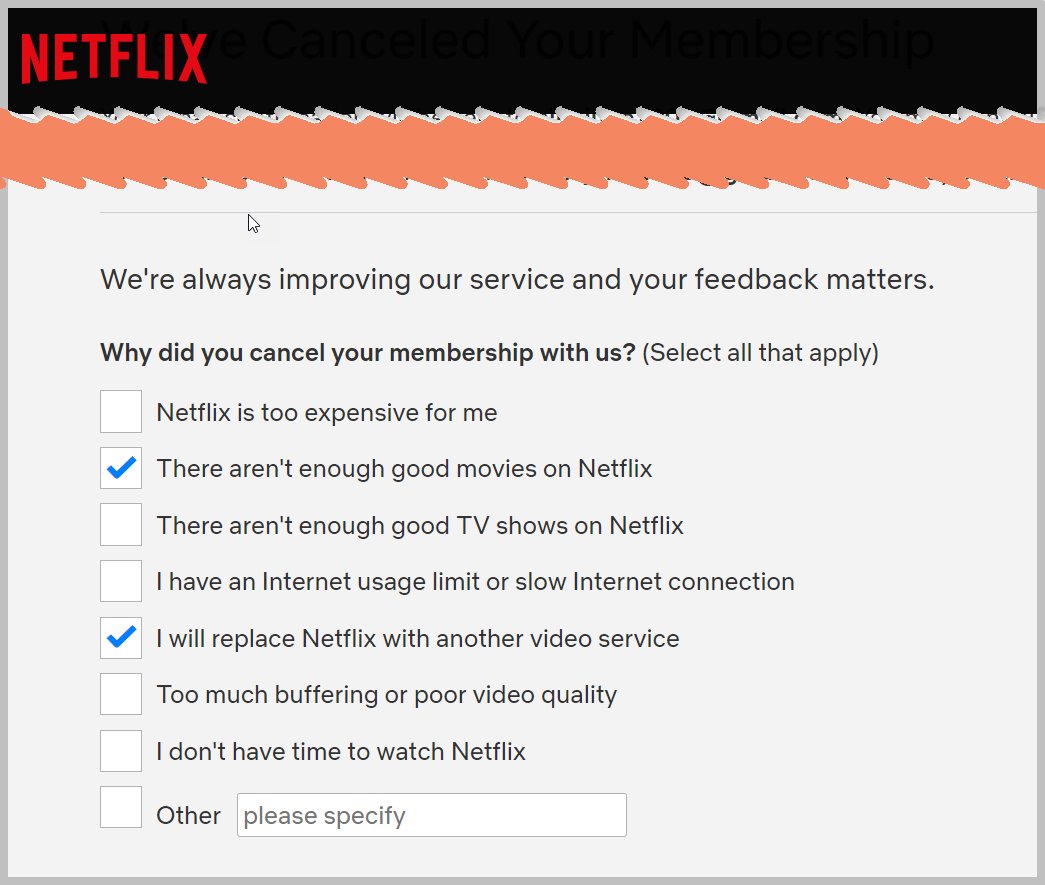 "Learn from Failures 💡 Always "
Le grandi persone imparano dai loro errori e migliorano
Le grandi aziende imparano dai loro clienti persi e cercano di capire come riconquistarli
un esempio: il questionario che #Netflix ti propone quando cancelli l'abbonamento