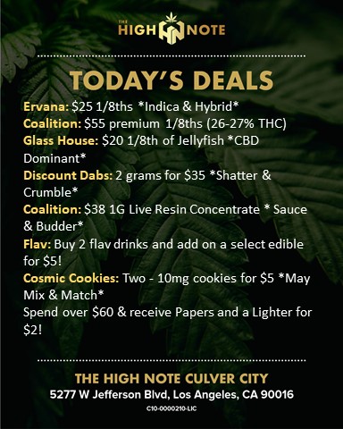 TheHighNoteCA's tweet photo. Taco Tuesday deals! Stock up on @ErvanaCraft @coalition_co Honeydew Farms, Discount Dabs, Flav, Cosmic Cookies, Dripp Sauce, and more!

#CulverCity #EastLos #Discounts https://t.co/AZXFa6cJok