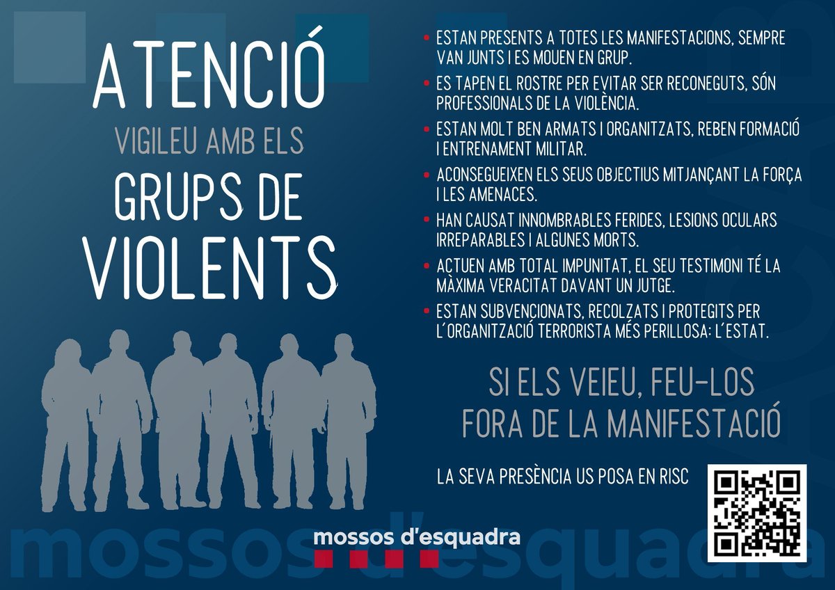 Si veieu aquests grups violents, feu-los fora de la manifestació.

La seva presència us posa en risc.

#LlibertatPabloHasel
#LlibertatCarles
#LlibertatDetingudes