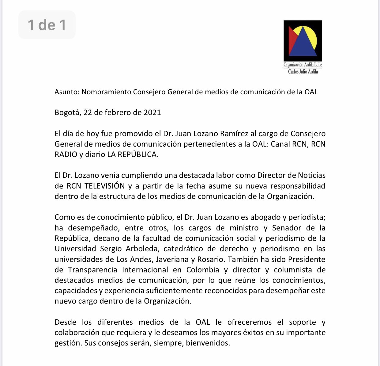 Organizacion Ardila Lulle Saco A Juan Lozano De Direccion De Noticias Rcn