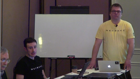 NetBeez's tweet photo. Do you think that we should re-do our newest t-shirt design with @Stefanogridelli's face on it instead, @NetworkingNerd? Thank you for supplying this footage! #NFD24 #coffeefails https://t.co/ljJ7LEBaV7