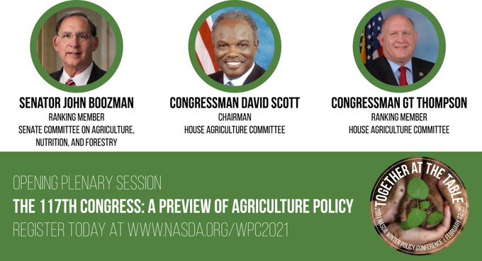 KYAgCommish35's tweet image. Moderating a @NASDAnews panel with Senator @JohnBoozman, House Ag Committee Chair @RepDavidScott, and Ranking Member @CongressmanGT about their views on what agricultural issues should be tackled in the 117th Congress. #TogetherAtTheTable