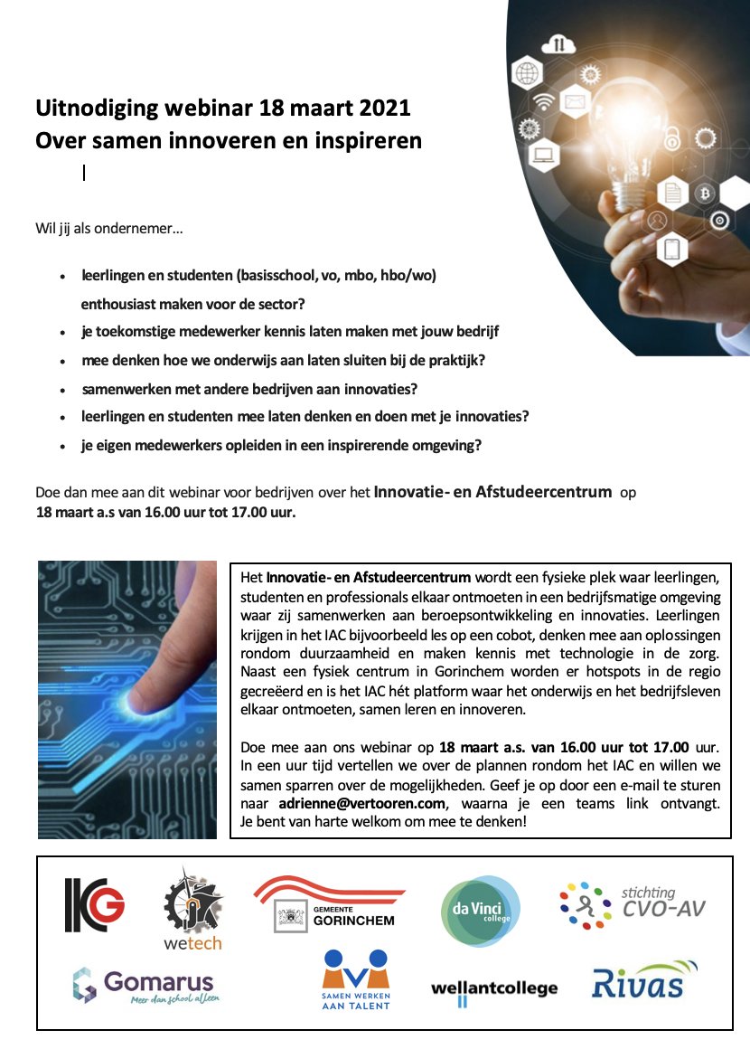 🧑‍💻 Het Innovatie- en Afstudeercentrum uit Gorinchem organiseert een webinar speciaal voor ondernemers uit omliggende gemeenten als <a href="/gemeentealtena/">Gemeente Altena</a>. Je bent dus van harte welkom! ondernemershuisaltena.nl/.../webinar-ov…...