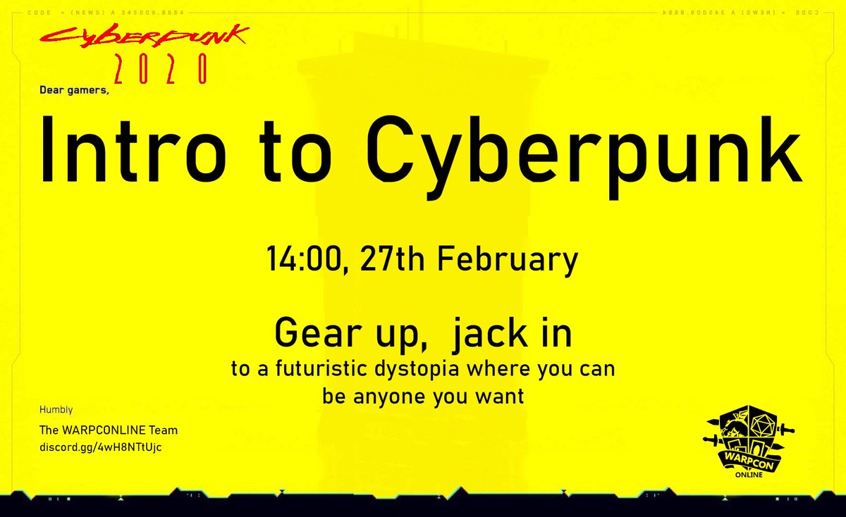 UCCWARPS's tweet photo. We've got exciting news! At WARPCONLINE, you can learn how to play some popular RPG systems, and then play them in some one-shots too! Join us for an Intro to DnD 5e and Cyberpunk, and delve into the wonderful world of Roleplaying games

https://t.co/TrIkh52tpA https://t.co/mMxBW8PJVZ