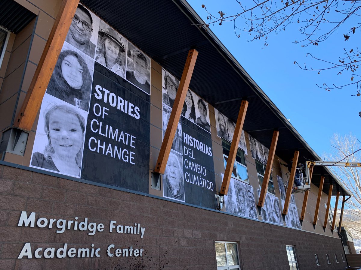 ColoMtnCollege's tweet photo. Up go our stories! Stop by #CMCAspen to see the @AspenCORE Climate Change Exhibition up close. #ImagineClimate #dosomethingMAJOR https://t.co/MA3EtAUY1a