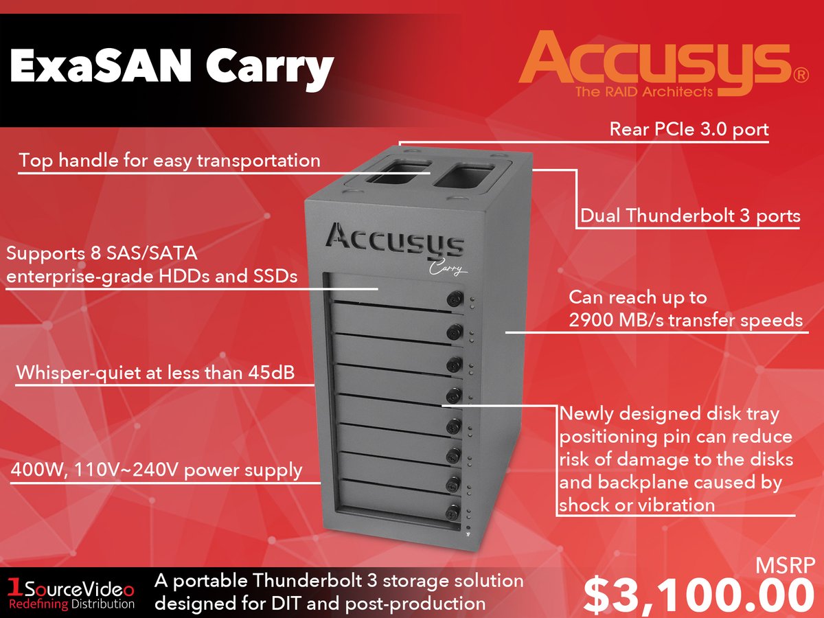 1sourcevideo's tweet photo. The new ExaSAN Carry from @AccusysStorage is a newly designed portable Thunderbolt 3 & PCIe 3.0 storage, which is portable, shockproof and extremely quiet!
#Accusys #1SourceVideo #ExaSANCarry #filestorage #storagetower #accusyscarry #Thunderbolt3 #RedefiningDistribution https://t.co/hPzlBYnXT2