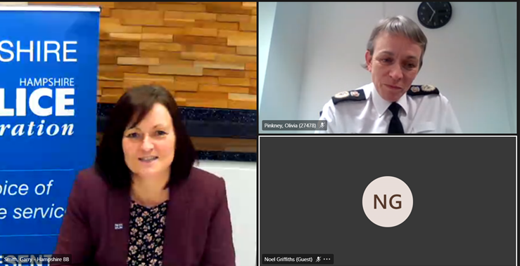 Hantspolfed's tweet image. #HantsOpen21 Federation Chair Zoe Wakefield thanks National Chair John Apter for leading the minute's silence for fallen officers and welcomes colleagues and the Chief to the first virtual open meeting.