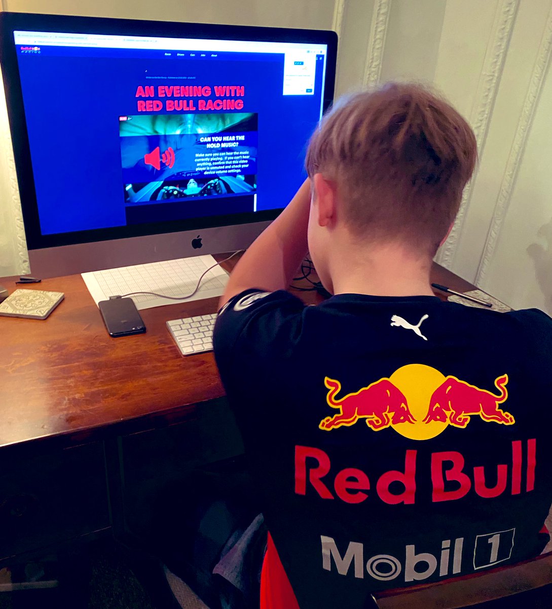 michell31074089's tweet photo. He’s eagerly awaiting virtual @redbullracing evening! #itgivesyouwings wish it was in person but this ones so used to logging online these days for everything #virtualevent #RedBullRacing #RedBull https://t.co/0cpvAkSVDk