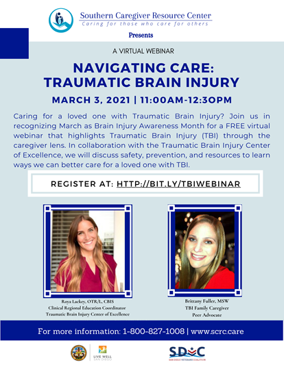 NRDgov's tweet photo. On March 3rd, from 11:00 a.m. – 12:30 p.m., join @SCRC1987 in  collaboration with @AHFTF_Page in recognizing March as #BrainInjury Awareness Month for a FREE virtual webinar centered on Traumatic Brain Injury (TBI) family caregiving.

Register here: https://t.co/IdAw6IAWqE https://t.co/fQeTcnfddx